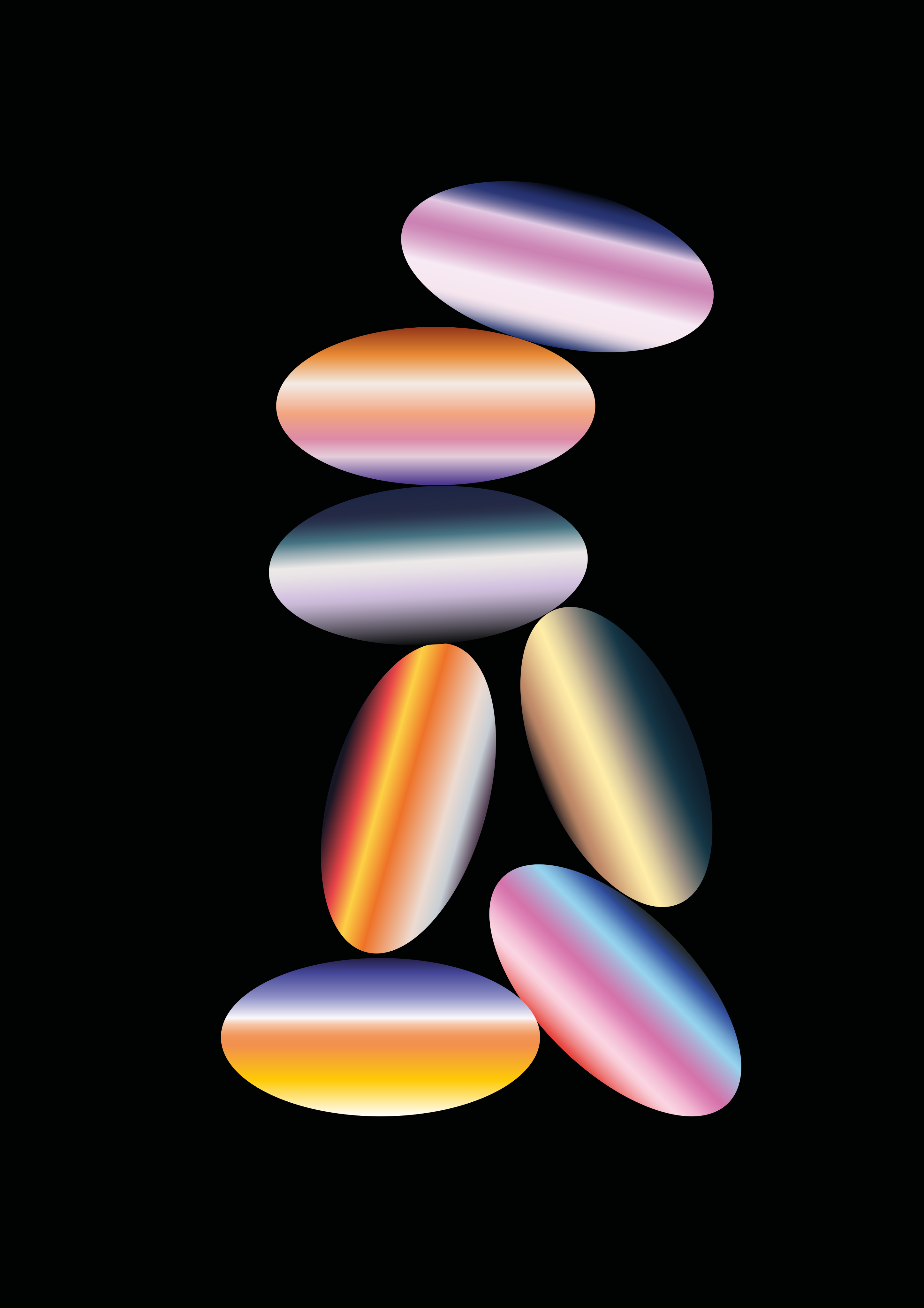 Colorful gradient pebbles stacked on a black background