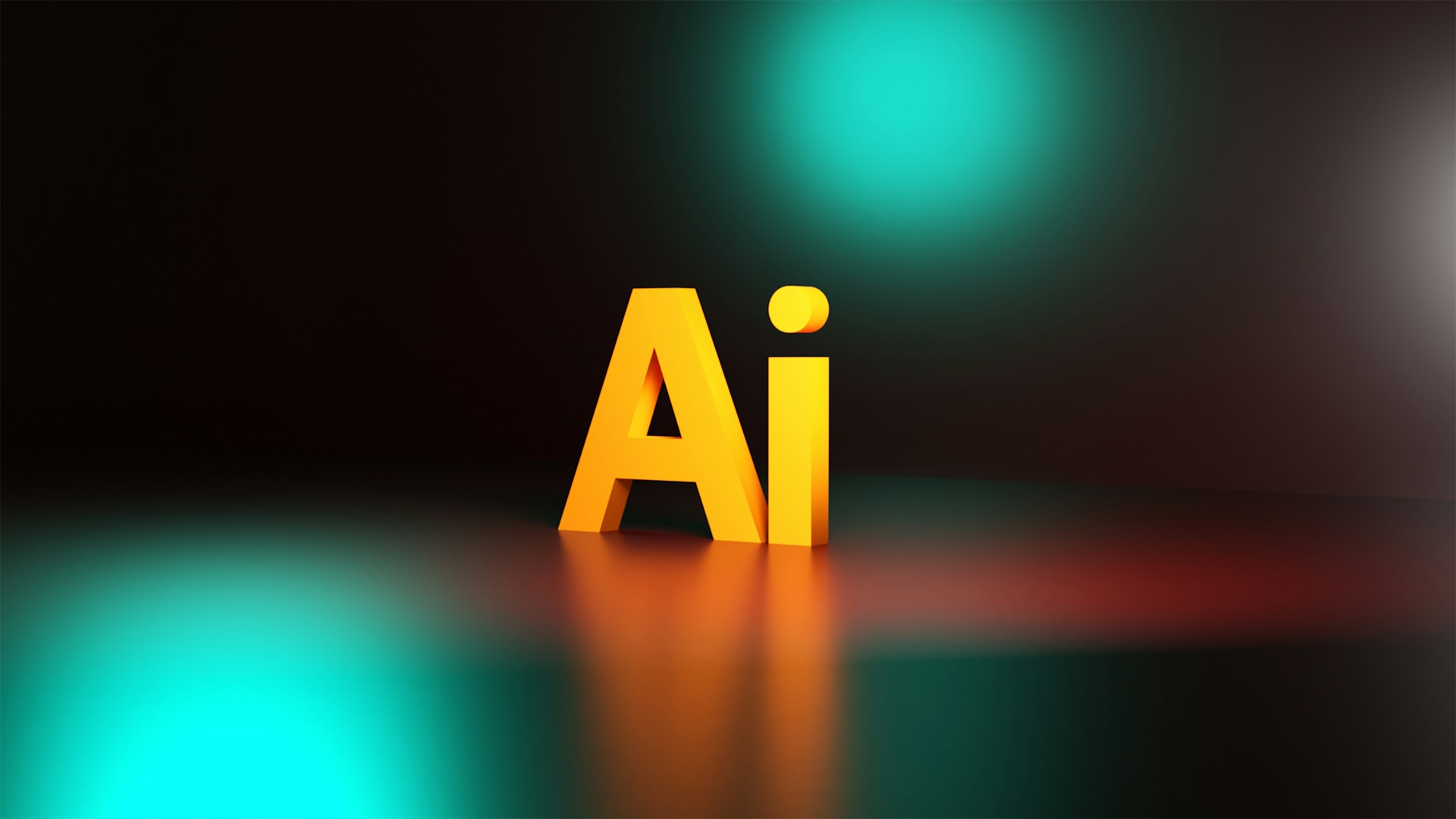 Glowing orange 3D AI logo on a dark reflective surface