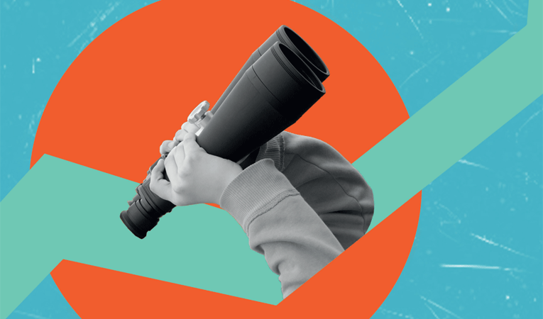 Hand holding a camera lens against an orange and teal collage background
