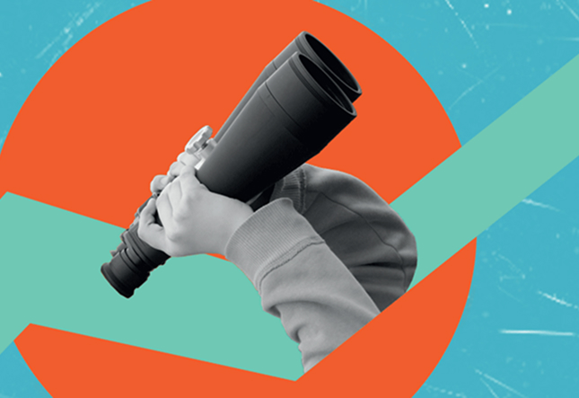Person looking through a telescope against a colorful abstract background